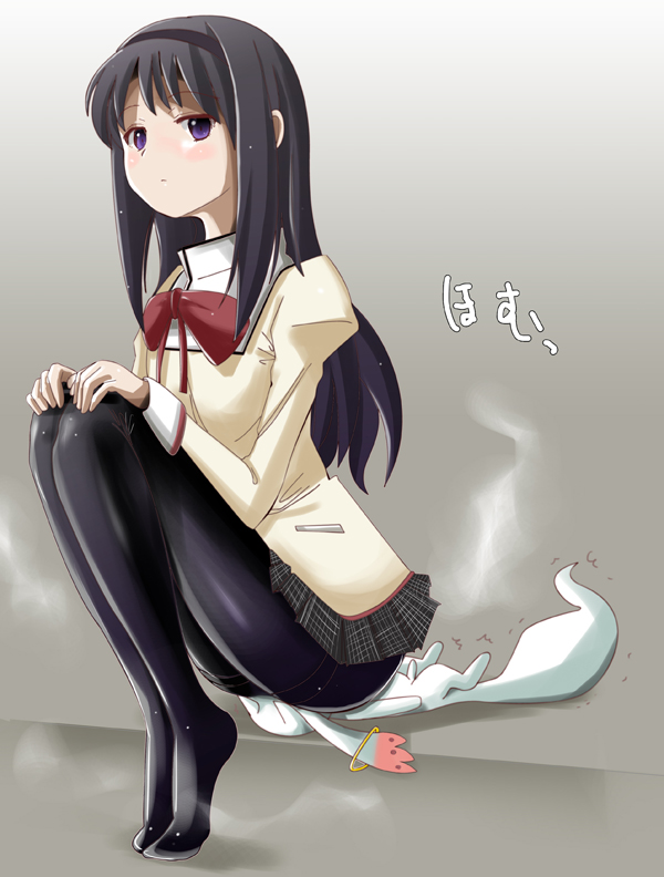 akemi_homura black_hair blush dokuro-san fart hairband homu kyubey long_hair mahou_shoujo_madoka_magica mitakihara_school_uniform pantyhose school_uniform serafuku sitting sitting_on_face sitting_on_person skirt smell thighband_pantyhose