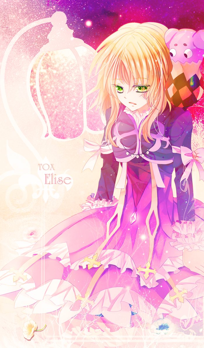 asrhion bad_id bad_pixiv_id blonde_hair bow dress elize_lutus green_eyes jewelry necklace pendant ribbon short_hair stuffed_toy tales_of_(series) tales_of_xillia teepo_(tales) vest