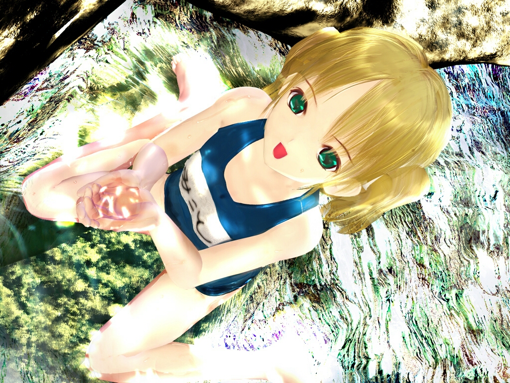 3d bangs blonde_hair blue_swimsuit breasts dutch_angle female green_eyes loli looking_at_viewer one-piece_swimsuit open_mouth parted_bangs school_swimsuit sitting small_breasts smile solo swimsuit teatime twintails water