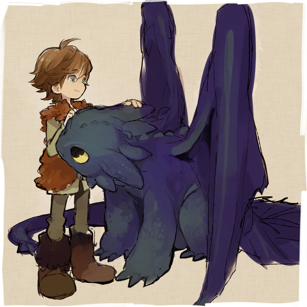 blue_eyes boots brown_hair dragon hiccup_horrendous_haddock_iii how_to_train_your_dragon male_focus smile soto toothless