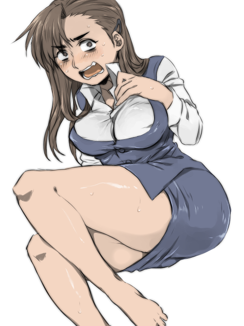 ass bad_id bad_pixiv_id bare_legs barefoot black_hair black_lagoon blush breasts brown_eyes brown_hair covered_nipples embarrassed genderswap large_breasts legs looking_at_viewer office_lady okajima_rokuro open_mouth solo st05254 sweat thighs