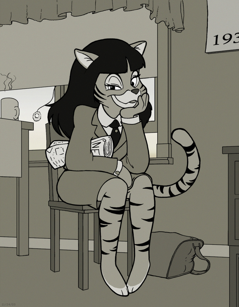 3_toes aikon bare_feet barefoot business_suit cat disney feline female greyscale harmond hindpaw looking_at_viewer mammal monochrome necktie paws sitting smile solo suit talespin tiger toes