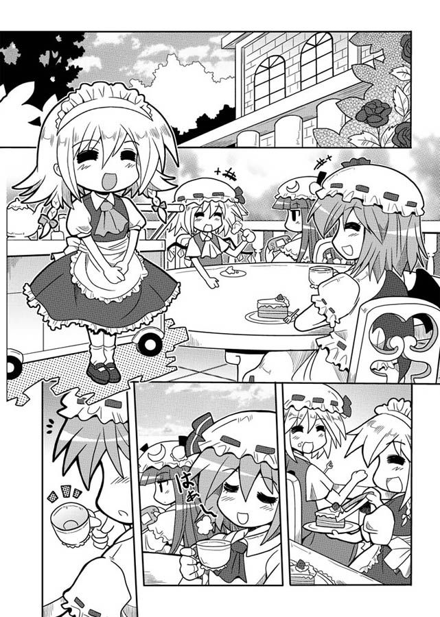 :d apron ascot colonel_aki comic cup dress flandre_scarlet greyscale hat izayoi_sakuya looking_at_viewer maid maid_headdress monochrome multiple_girls open_mouth outdoors patchouli_knowledge puffy_short_sleeves puffy_sleeves remilia_scarlet scarlet_devil_mansion shoes short_hair short_sleeves silent_comic smile socks table talking teacup text_focus touhou