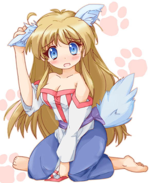 :o animal_ears arc_the_lad arc_the_lad_ii bad_id bad_pixiv_id bare_shoulders barefoot blue_eyes breasts brown_hair dog_ears dog_tail dress embarrassed full_body kemonomimi_mode kneeling lieza long_hair medium_breasts open_mouth solo tail zipang_(zip@ng_works)
