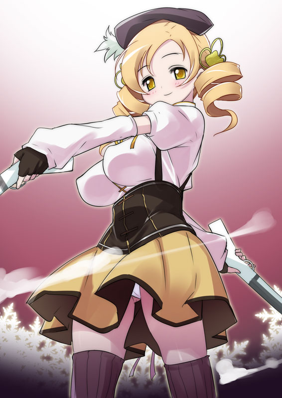 beret black_legwear blonde_hair breasts drill_hair fingerless_gloves gloves gun hair_ornament hat hikage_eiji large_breasts magical_girl mahou_shoujo_madoka_magica panties pantyshot skirt solo striped striped_legwear thighhighs tomoe_mami twin_drills twintails underwear vertical-striped_legwear vertical_stripes weapon white_panties yellow_eyes