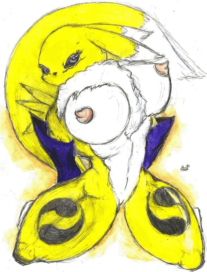 big_breasts blue_eyes breasts canine digimon female fox gloves kneeling looking_at_viewer pussy renamon solo tail unknown_artist yellow