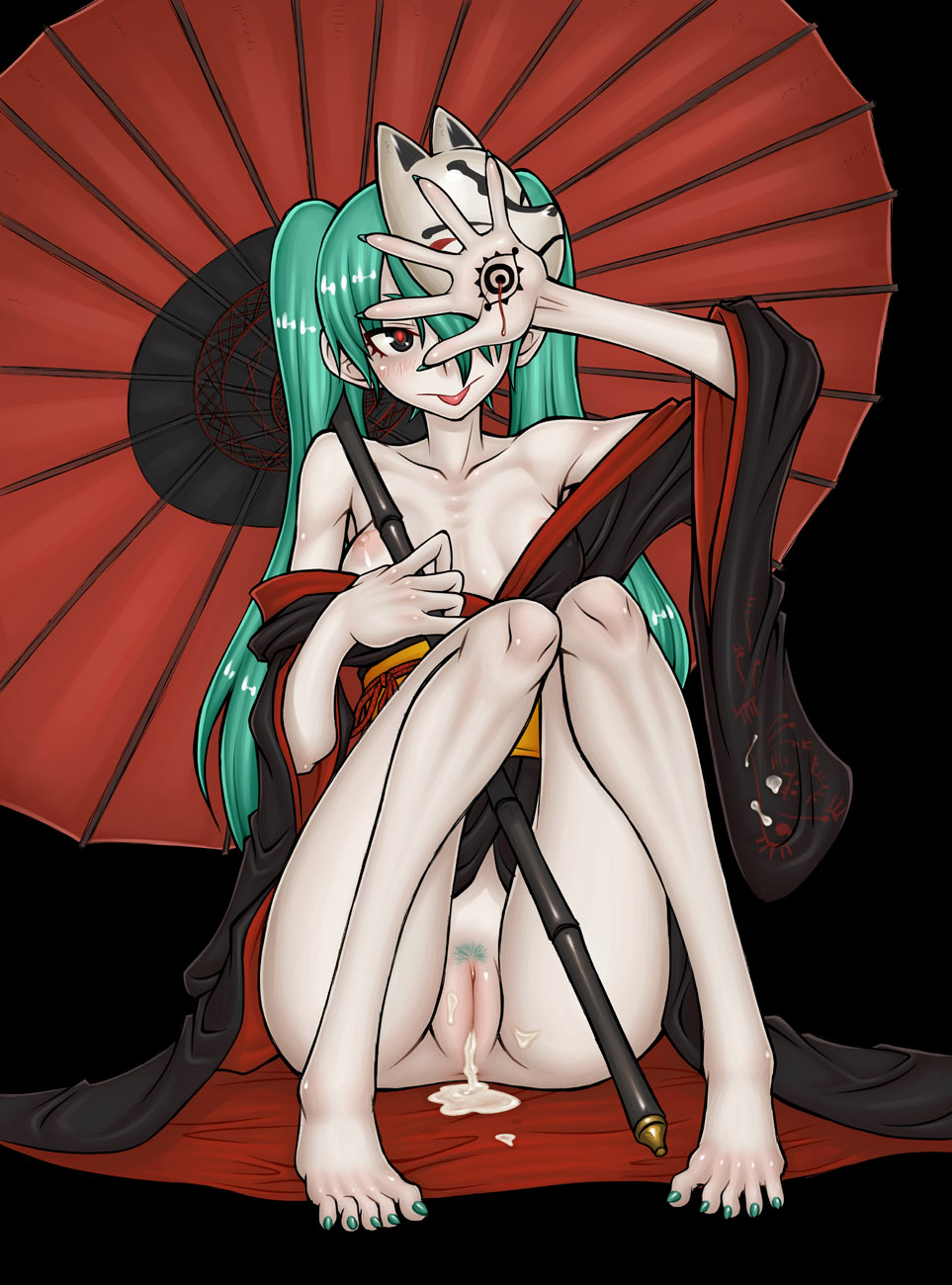:p after_sex aqua_eyes aqua_hair barefoot blood breasts cum cum_in_pussy hair_over_one_eye hatsune_miku highres japanese_clothes jon_henry_nam kimono long_hair mask musunde_hiraite_rasetsu_to_mukuro_(vocaloid) nipples oriental_umbrella red_eyes small_breasts solo tongue tongue_out twintails umbrella uncensored very_long_hair vocaloid yukata