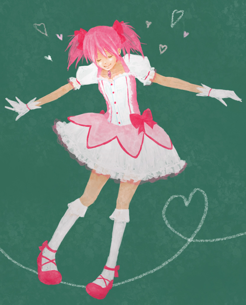 bow bubble_skirt choker closed_eyes dress gloves hair_bow heart heart_of_string kaname_madoka magical_girl mahou_shoujo_madoka_magica pink_hair puffy_sleeves shoes short_hair short_twintails skirt smile solo twintails