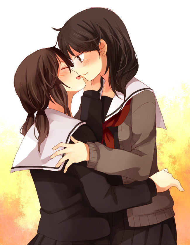 bangs blush brown_eyes brown_hair cardigan closed_eyes commentary_request couple from_side hachiko_(hati12) hand_on_another's_cheek hand_on_another's_face imminent_kiss long_sleeves multiple_girls original school_uniform serafuku smile twintails yuri