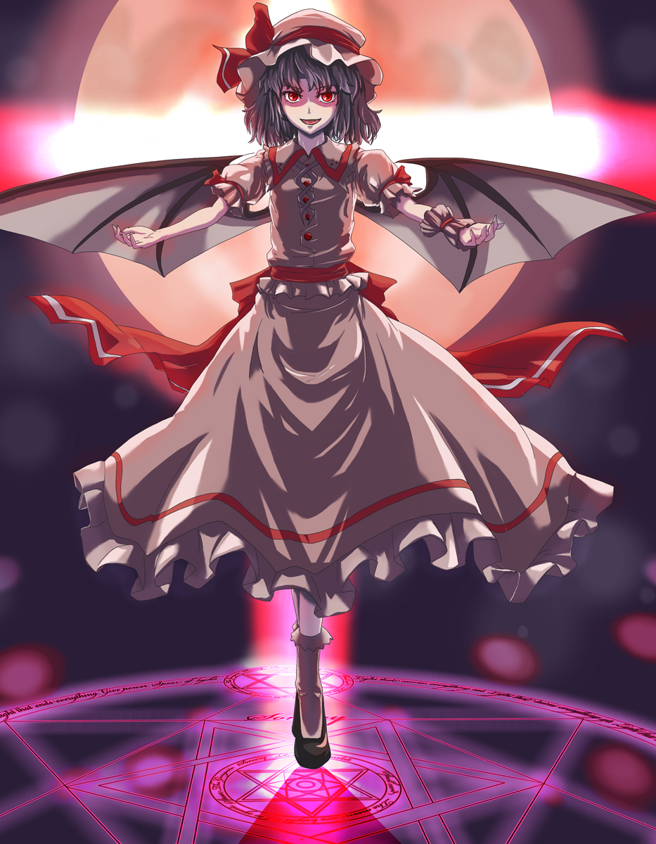 bat_wings blue_hair bobby_socks dress fangs full_moon hat hat_ribbon hexagram highres m134 magic_circle moon outstretched_arms pink_dress red_eyes red_moon remilia_scarlet ribbon short_hair socks solo touhou wings wrist_cuffs