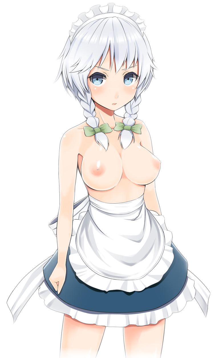 alcohol_(coldfront) bad_id bad_pixiv_id blue_eyes bow braid breasts hair_bow highres izayoi_sakuya large_breasts maid maid_headdress nipples short_hair silver_hair simple_background solo topless touhou twin_braids
