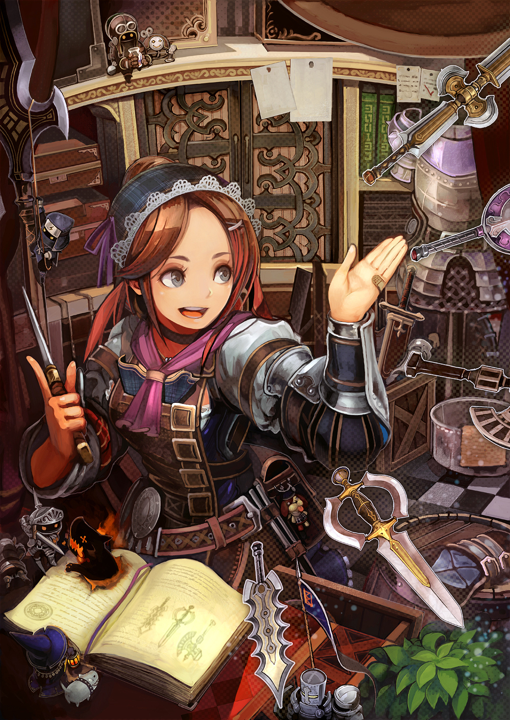 armor bandaid black_eyes book brown_hair checkered checkered_floor chibi fantasy floating floating_object hair_ornament hairclip highres knife leaf open_book open_mouth original shop smile solo sword tomohito weapon weapon_shop