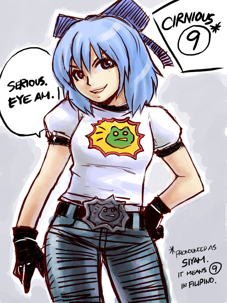 1girl artist_request belt belt_buckle blue_eyes blue_hair buckle casual cirno contemporary cosplay crossover denim english fusion gloves jeans pants pun sam_stone sam_stone_(cosplay) serious_sam shirt solo t-shirt touhou