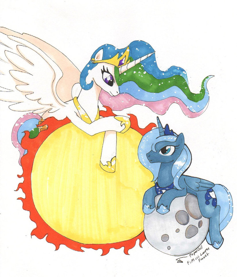 equine female feral friendship_is_magic horn mammal moon my_little_pony papercell pegacorn princess_celestia_(mlp) princess_luna_(mlp) sibling siblings sisters sun winged_unicorn wings