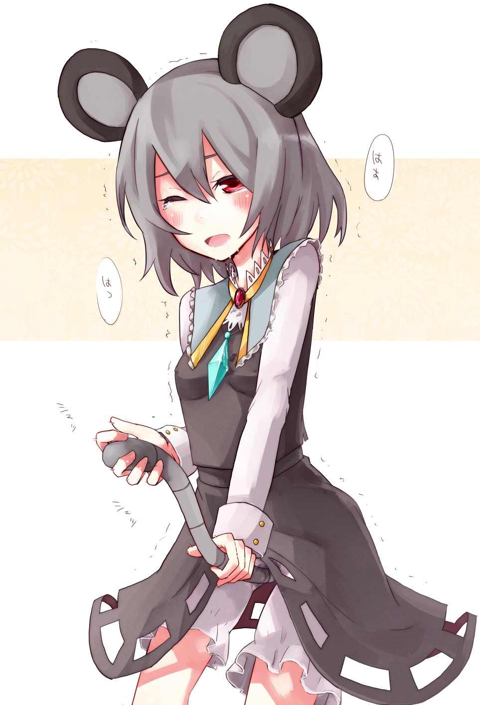 animal_ears bad_id bad_pixiv_id between_legs bloomers blush breasts capelet covered_nipples grey_hair highres jewelry masturbation mouse_ears mouse_tail nazrin one_eye_closed pendant red_eyes shiroshi_(denpa_eshidan) short_hair small_breasts solo tail tail_between_legs tail_masturbation tears touhou trembling underwear