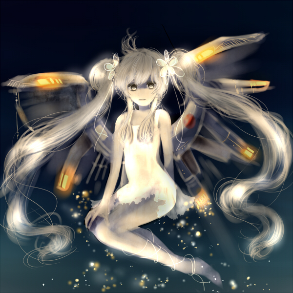 bad_id bad_pixiv_id bare_shoulders barefoot blonde_hair dress hatsune_miku long_hair mechanical_wings rira_fuuka solo twintails very_long_hair vocaloid white_hair wings yellow_eyes
