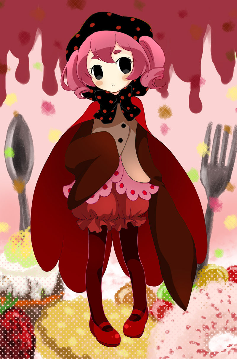 black_eyes blush_stickers cape charlotte_(madoka_magica) doughnut food fork frown fruit highres kanzou mahou_shoujo_madoka_magica mary_janes pantyhose personification pink_hair shoes short_twintails solo spoon strawberry twintails