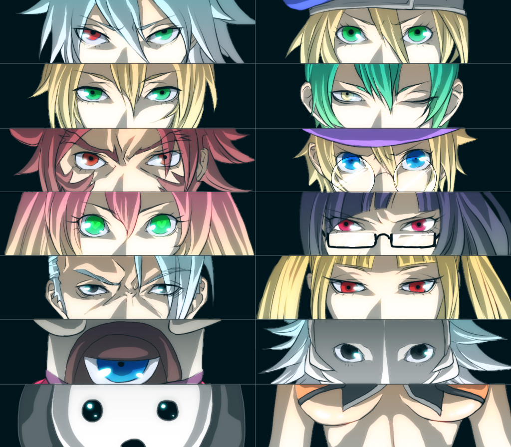 6+girls arakune artist_request black_hair blazblue blonde_hair blue_eyes breasts carl_clover eyes glasses green_eyes green_hair hakumen hat hazama heterochromia jin_kisaragi large_breasts litchi_faye_ling long_hair makoto_nanaya multiple_boys multiple_girls noel_vermillion odd_one_out one_eye_closed parody persona persona_eyes platinum_the_trinity rachel_alucard ragna_the_bloodedge red_eyes red_hair shishigami_bang short_hair silver_hair symbol-shaped_pupils tsubaki_yayoi underboob valkenhayn_r_hellsing white_hair