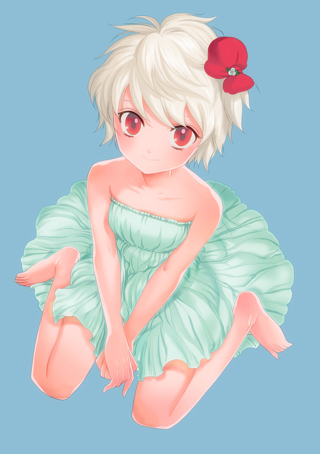 bare_shoulders barefoot dress flat_chest flower foreshortening hands highres original red_eyes short_hair simple_background sitting smile solo v_arms wariza white_hair yurinko