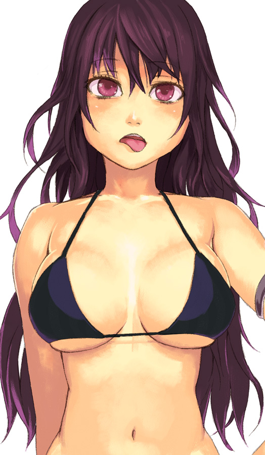 :p bikini_top breasts brown_eyes cleavage long_hair medium_breasts navel original purple_hair simple_background solo tongue tongue_out underboob upper_body white_background yuuji_(and)