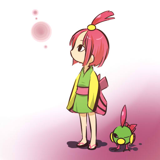 &lt;o&gt;_&lt;o&gt; forehead gen_2_pokemon hitec japanese_clothes looking_up moemon natu one_eye_closed personification pokemon pokemon_(creature) red_hair sandals topknot