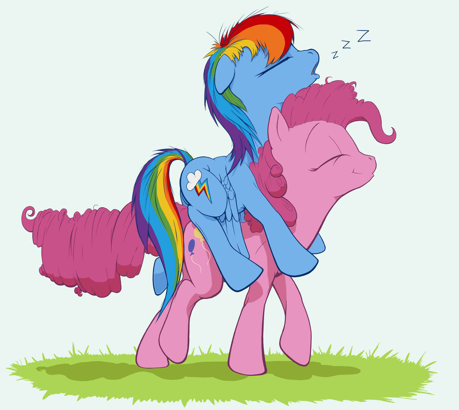 blue_fur carrying cutie_mark duo equine female feral friendship_is_magic fur hair happy horse jakneurotic mammal multi-colored_hair my_little_pony open_mouth pegasus pink_fur pink_hair pinkie_pie_(mlp) pony rainbow_dash_(mlp) rainbow_hair rainbow_tail sleeping wings zzz