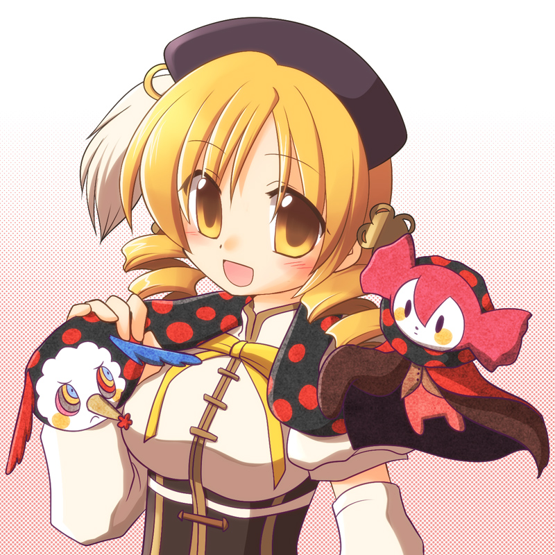 blonde_hair blush breasts charlotte_(madoka_magica) corset drill_hair frown hat large_breasts magical_girl mahou_shoujo_madoka_magica monster multicolored multicolored_eyes open_mouth puffy_sleeves ryuuga_nanamaru stuffed_toy tassel tomoe_mami twin_drills twintails yellow_eyes