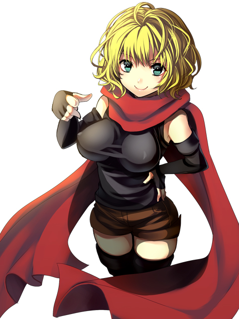 aqua_eyes bad_id bad_pixiv_id blonde_hair boots breasts elbow_gloves fingerless_gloves gloves impossible_clothes impossible_shirt medium_breasts original red_scarf scarf shirt short_shorts shorts simple_background smile solo taut_clothes taut_shirt thigh_boots thighhighs yui_tooru