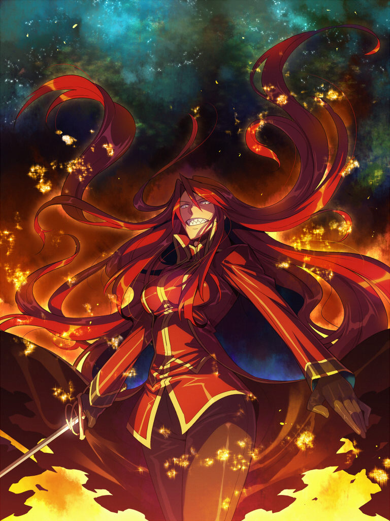 breasts carmen_(pixiv_fantasia) constricted_pupils embers fire floating_hair gloves grin kyousaku large_breasts long_hair looking_down pants pixiv_fantasia pixiv_fantasia_5 rapier red_hair sharp_teeth smile solo sword teeth trigard_empire weapon