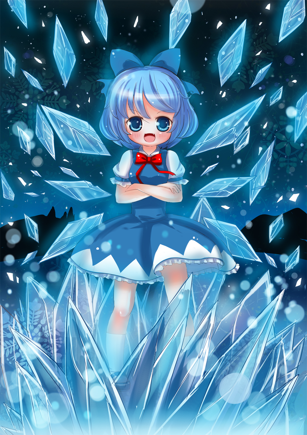 blue_eyes blue_hair bow cirno crossed_arms dress fang hair_bow highres ice linda_b short_hair snowflakes solo standing touhou wings