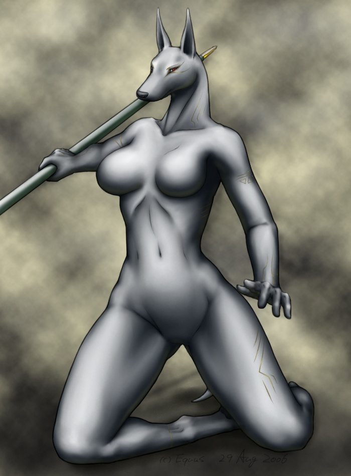 2006 anubian_jackal anubis big_breasts breasts canine deity egyptian equus female jackal kneeling looking_at_viewer mammal nude solo