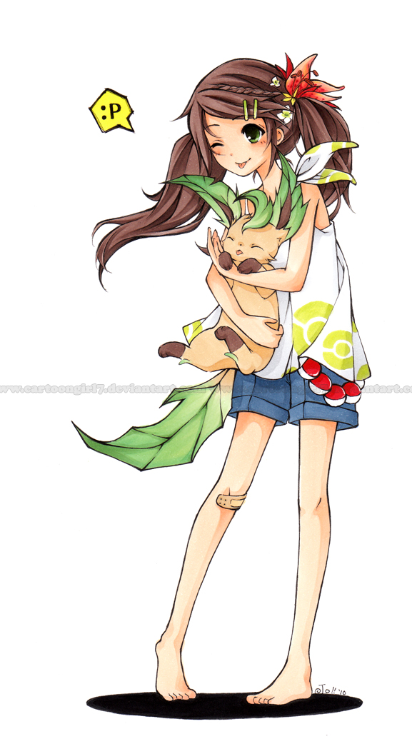 :p bandaid barefoot braid brown_hair flower full_body gen_4_pokemon green_eyes hair_flower hair_ornament holding joanna_(mojo!) leaf leafeon long_hair original poke_ball pokemon pokemon_(creature) simple_background smile solo spoken_face standing tongue tongue_out traditional_media twintails waist_poke_ball watermark web_address white_background