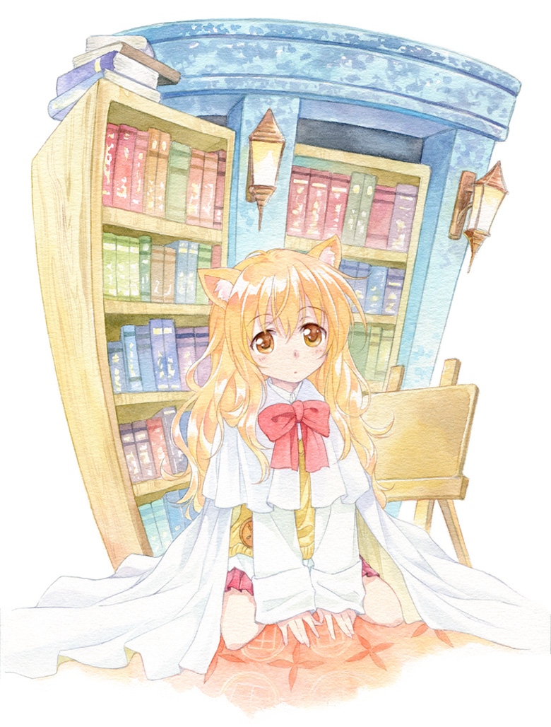 agahari animal_ears blonde_hair book bookshelf bow dog_days dog_ears dog_girl kneeling library long_hair ricotta_elmar solo yellow_eyes