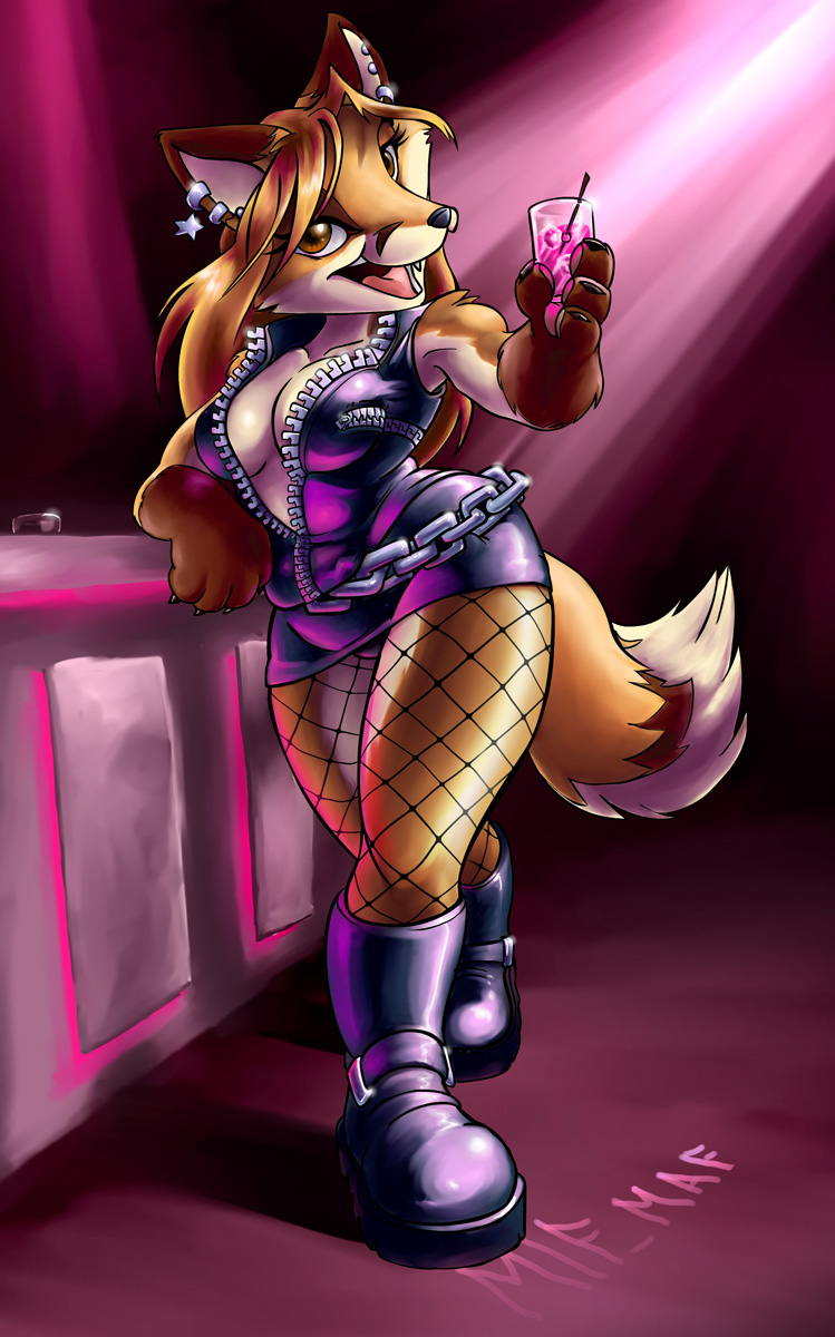 bar canine chubby cleavage drinking female fishnet fox holly jacket mifmaf open_shirt piercing solo