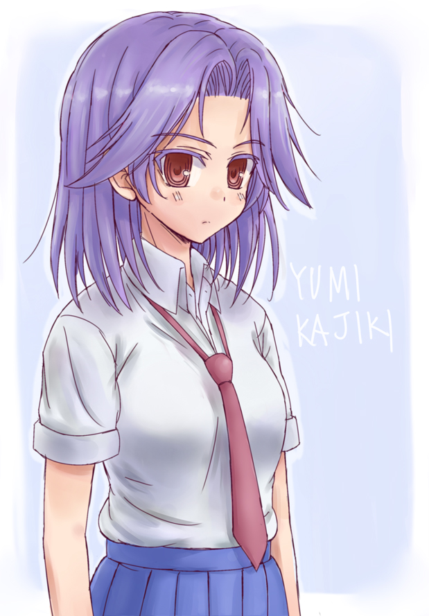 kajiki_yumi masarou necktie purple_hair red_eyes saki school_uniform short_hair short_sleeves skirt solo tsuruga_school_uniform