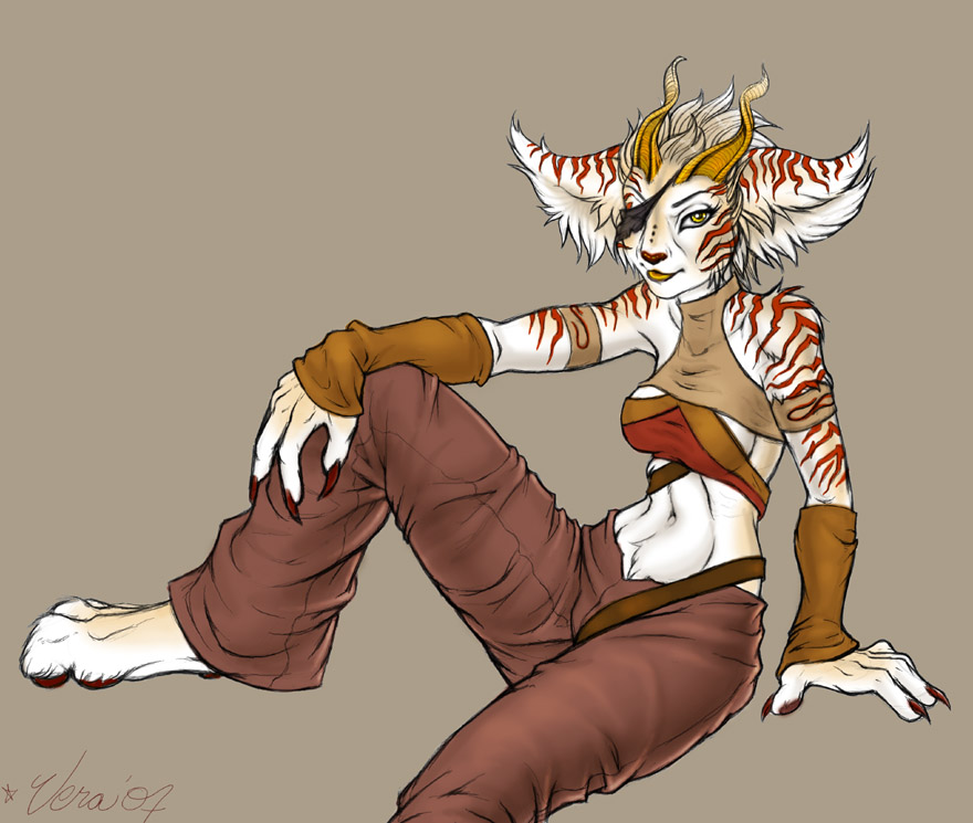 bethany_sellers eye_patch feline female horns imperfection langurhali midriff minna solo stripes tiger warrior