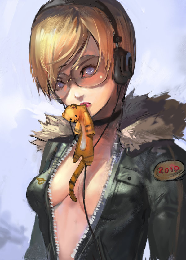 akeome bangs blonde_hair blue_eyes breasts choker cleavage fur glasses happy_new_year headphones jacket lipstick looking_at_viewer makeup mouth_hold narongchai_singhapand new_year open_clothes open_jacket original short_hair small_breasts solo stuffed_animal stuffed_toy swept_bangs