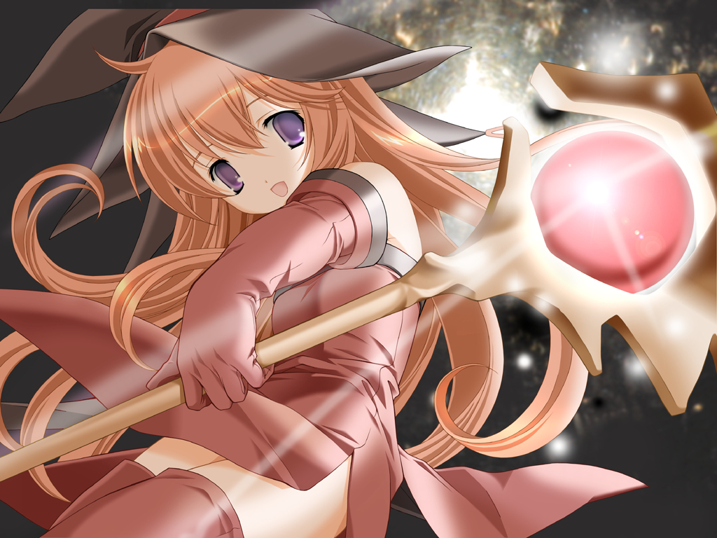 :d cierra_(riviera) gloves hat long_hair miyashita_miki open_mouth riviera smile solo staff thighhighs witch witch_hat