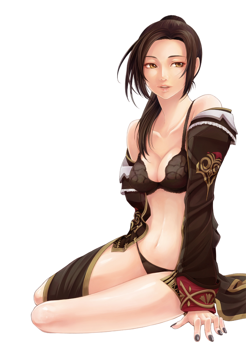 bra brown_eyes brown_hair final_fantasy final_fantasy_xi highres lingerie nail_polish navel panties ponytail sitting solo takatsuki_kahiro underwear