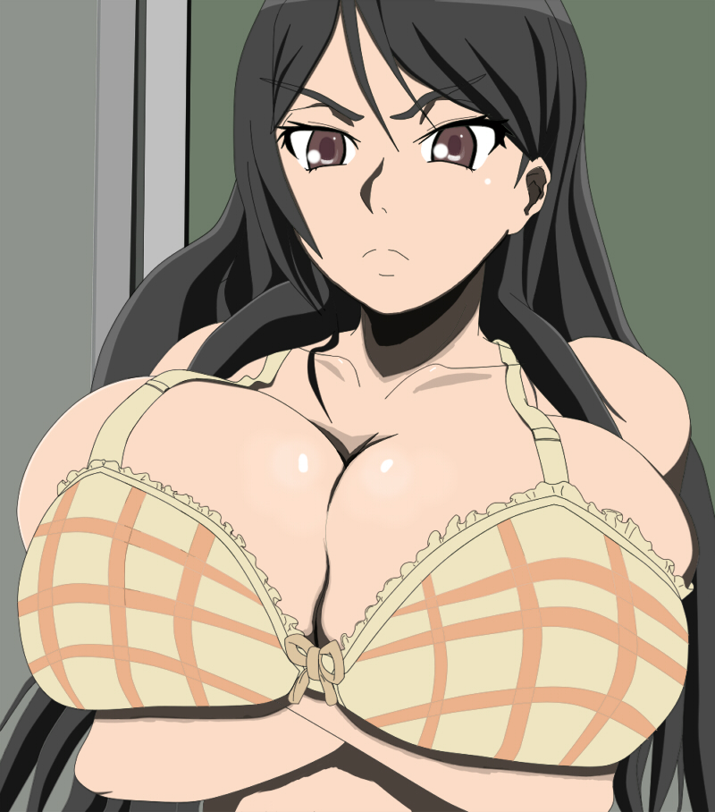 anime_coloring annoyed bad_anatomy bare_shoulders black_hair bow bow_bra bra breast_hold breasts bursting_breasts cleavage crossed_arms disconnected_mouth eyebrows frilled_bra frills frown fukiyose_seiri huge_breasts long_hair plaid plaid_bra solo to_aru_majutsu_no_index toshi_aki underwear v-shaped_eyebrows yellow_bow yellow_bra
