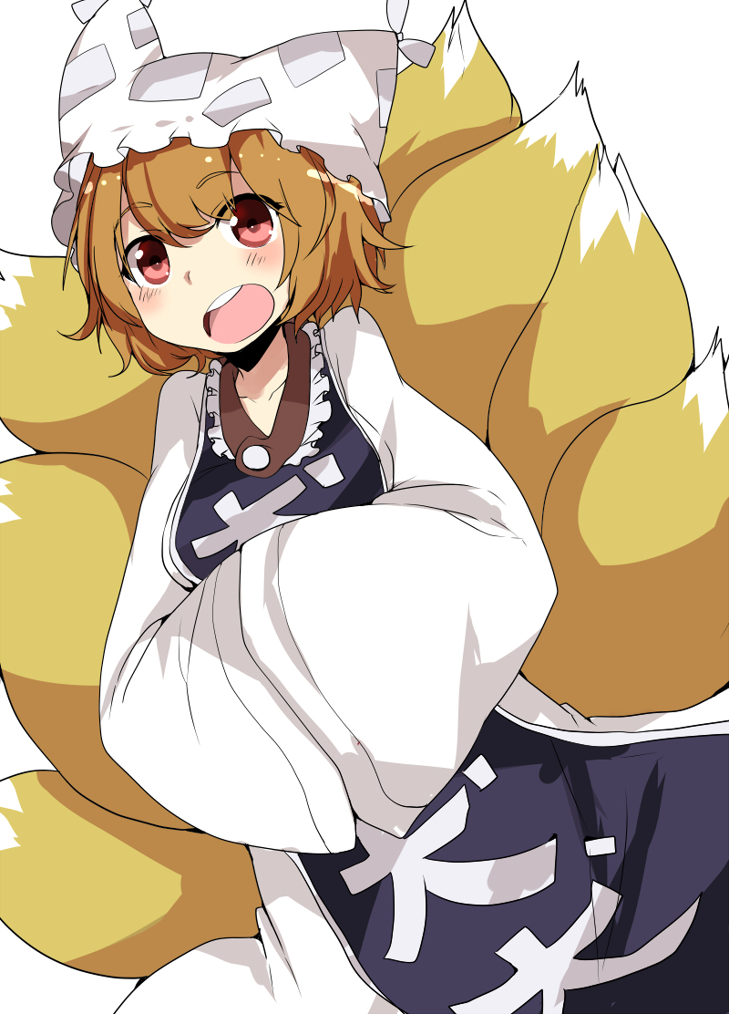bad_id bad_pixiv_id blonde_hair blush hands_in_opposite_sleeves hands_together hat multiple_tails open_mouth own_hands_together pun2 red_eyes short_hair solo surcoat tail touhou yakumo_ran