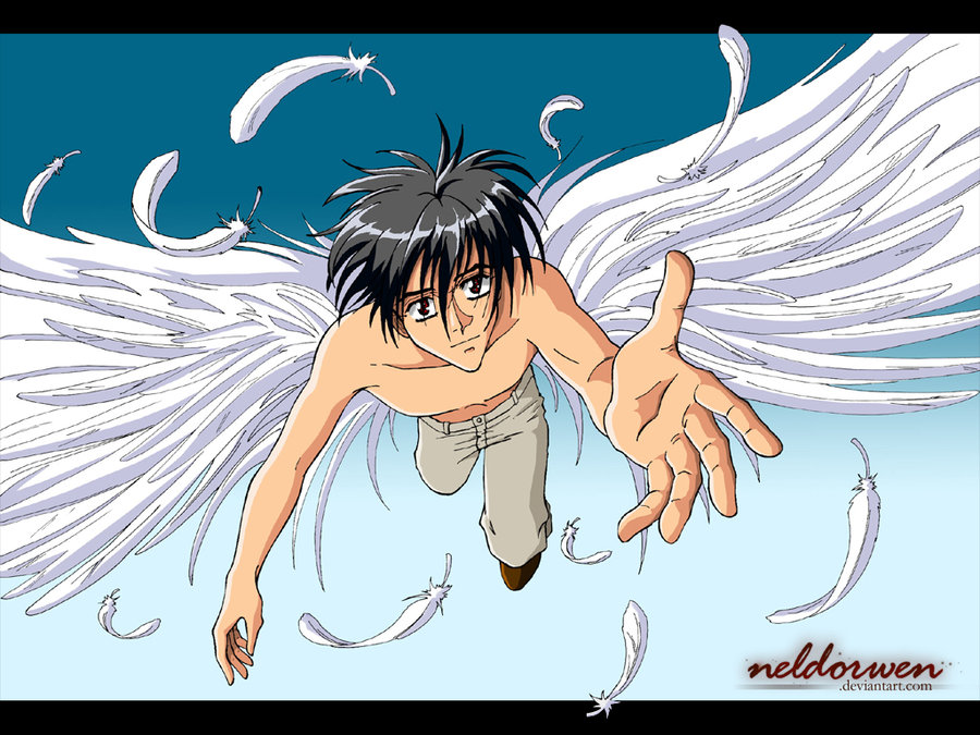 arm black_hair feather feathers flying male pants red_eyes shirtless shoes short_hair solo tenkuu_no_escaflowne van_fanel wings