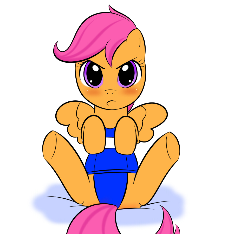 equine female feral friendship_is_magic fur hair horse kloudmutt looking_at_viewer mammal my_little_pony one-piece_swimsuit orange_fur pegasus purple_eyes purple_hair scootaloo_(mlp) solo swimsuit wing_boner wings young