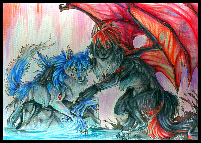 blue canine feral pearleden red wings wolf