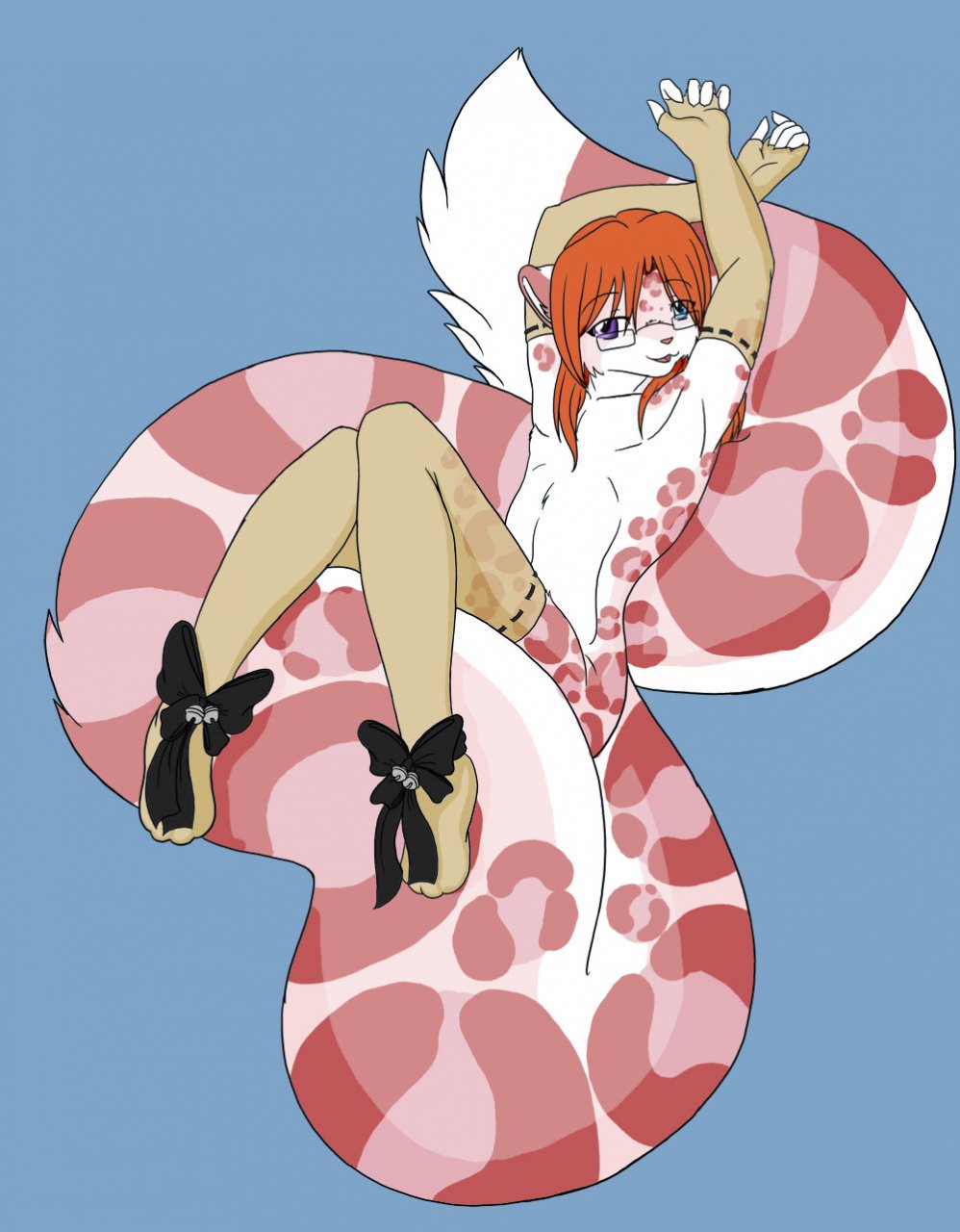 accelo accelo_(character) colored_background crossdressing elbow_gloves feline fingerless_gloves glasses gloves male nude snow_leopard solo stockings