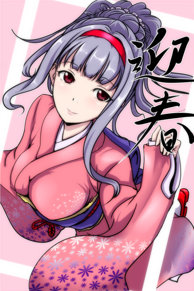 alternate_hairstyle brown_eyes clearite hairband idolmaster idolmaster_(classic) japanese_clothes kimono shijou_takane silver_hair smile solo translation_request