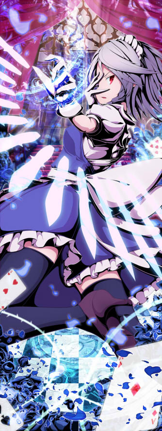 ace ace_of_diamonds black_legwear braid card diamond_(shape) gloves hand_on_own_face heart izayoi_sakuya jpeg_artifacts knife maid maid_headdress nikka_(cryptomeria) open_mouth outstretched_arm playing_card red_eyes short_hair silver_hair solo stairs thighhighs tile_floor tiles touhou white_gloves