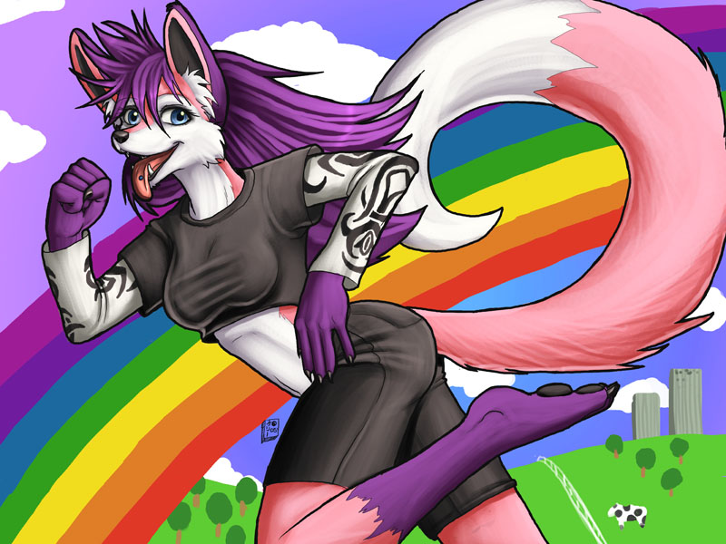 blue_eyes canine clothed female katamari_damacy midriff open_mouth panting piercing pink pinkuh pinkuh_(character) rainbow running self_portrait solo tail tongue tongue_piercing tongue_stud white