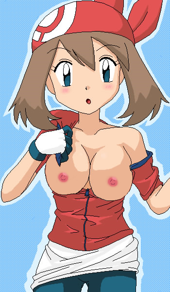 blue_eyes blush brown_hair haruka_(pokemon) nintendo nipples oekaki photoshop pokemon