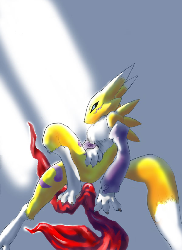 blue_eyes canine chest_tuft claws digimon elbow_gloves face_markings female fox markings renamon sitting tail unknown_artist yellow